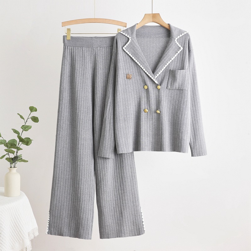 Cross border 2025 autumn and winter new solid color high-end temperament jacket slimming knitted high waisted pants two-piece set Cross border 2025 autumn and winter new solid color high-end temperament jacket slimming knitted high waisted pants two-piece set
