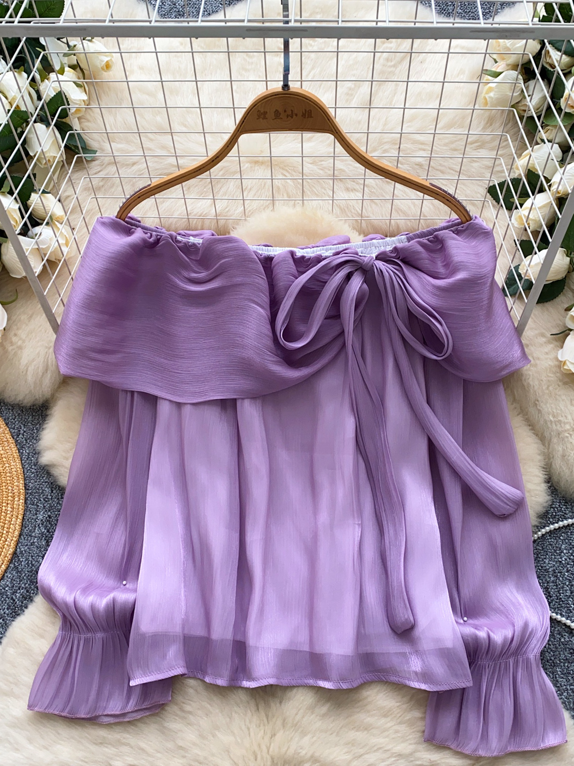 Gentle and elegant one shoulder lace up ruffle edge long sleeved shirt for women in autumn, versatile and stylish pearl mesh top Gentle and elegant one shoulder lace up ruffle edge long sleeved shirt for women in autumn, versatile and stylish pearl mesh top