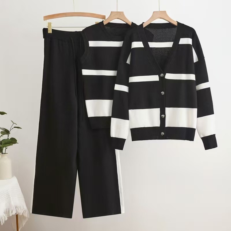 Cross border autumn new style striped sleeveless vest with buttons inside, knitted cardigan top, wide leg pants three piece set Cross border autumn new style striped sleeveless vest with buttons inside, knitted cardigan top, wide leg pants three piece set