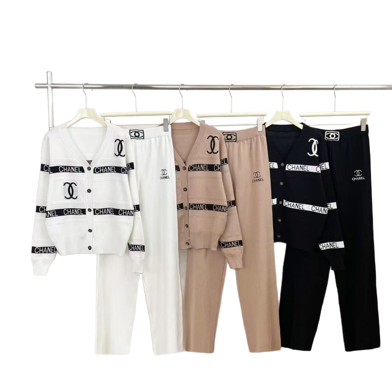 Cross border knitted top, outerwear, cardigan, small fragrance style, new versatile letter jacquard casual wide leg pants, early spring set Cross border knitted top, outerwear, cardigan, small fragrance style, new versatile letter jacquard casual wide leg pants, early spring set