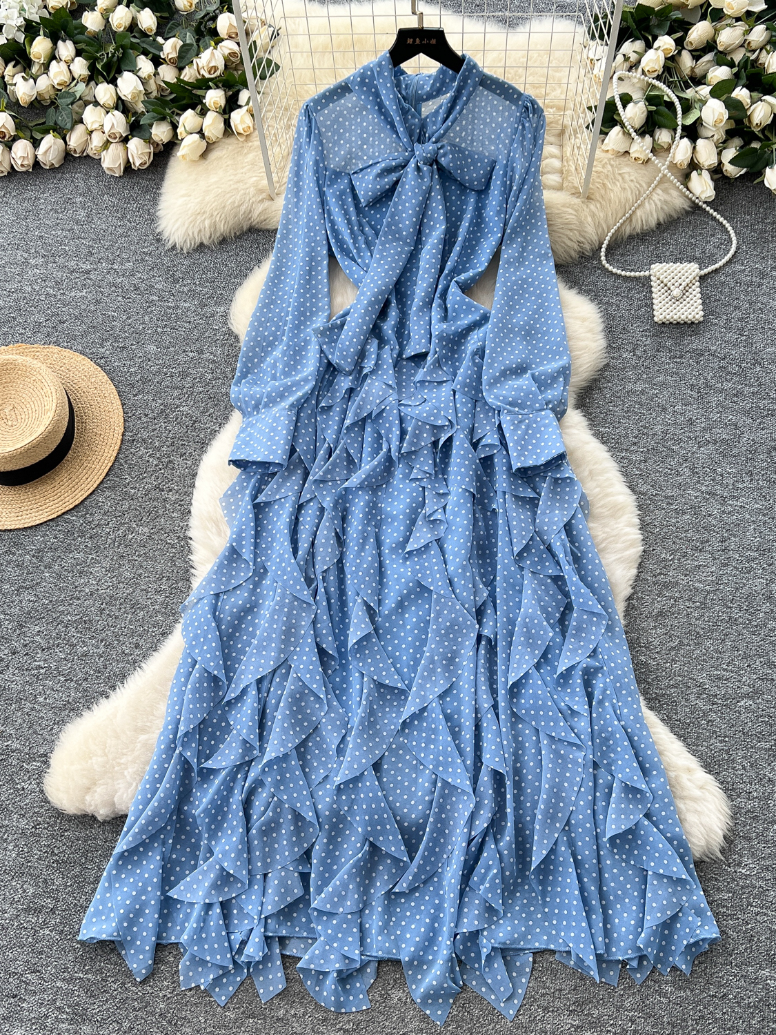 Light mature style niche bow tie tied long sleeved polka dot dress for women in autumn 2025, irregular lotus leaf side length skirt Light mature style niche bow tie tied long sleeved polka dot dress for women in autumn 2025, irregular lotus leaf side length skirt