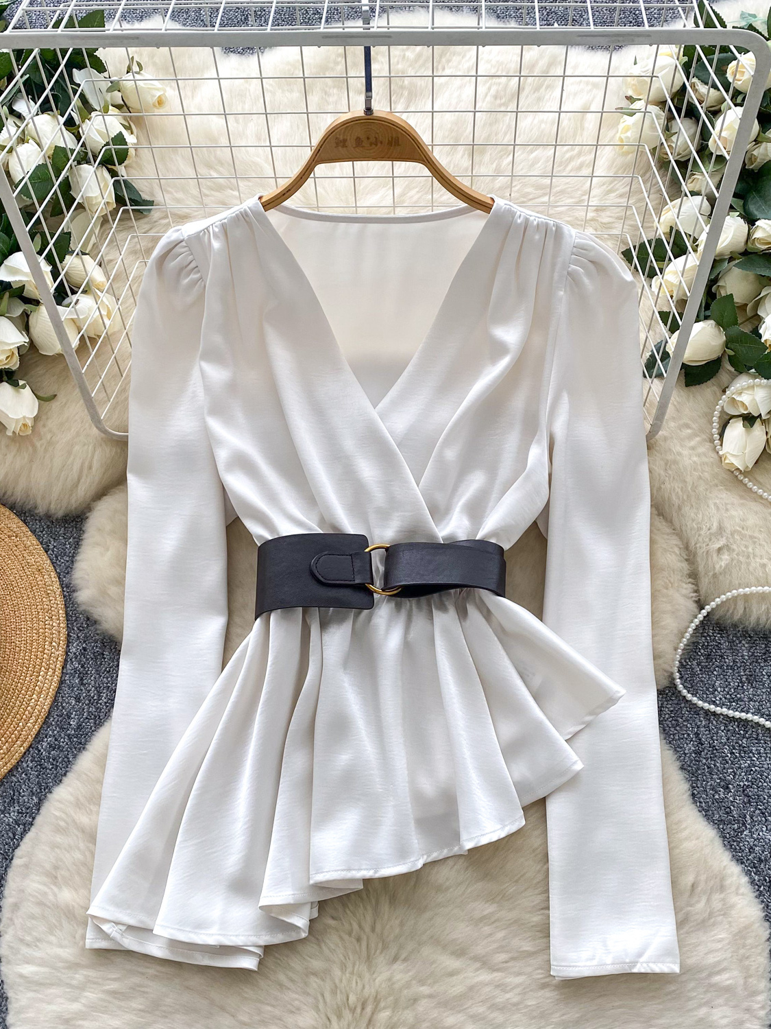 Wealthy heiress style satin long sleeved shirt for women in autumn, irregular belt design, high-end temperament, trendy top Wealthy heiress style satin long sleeved shirt for women in autumn, irregular belt design, high-end temperament, trendy top