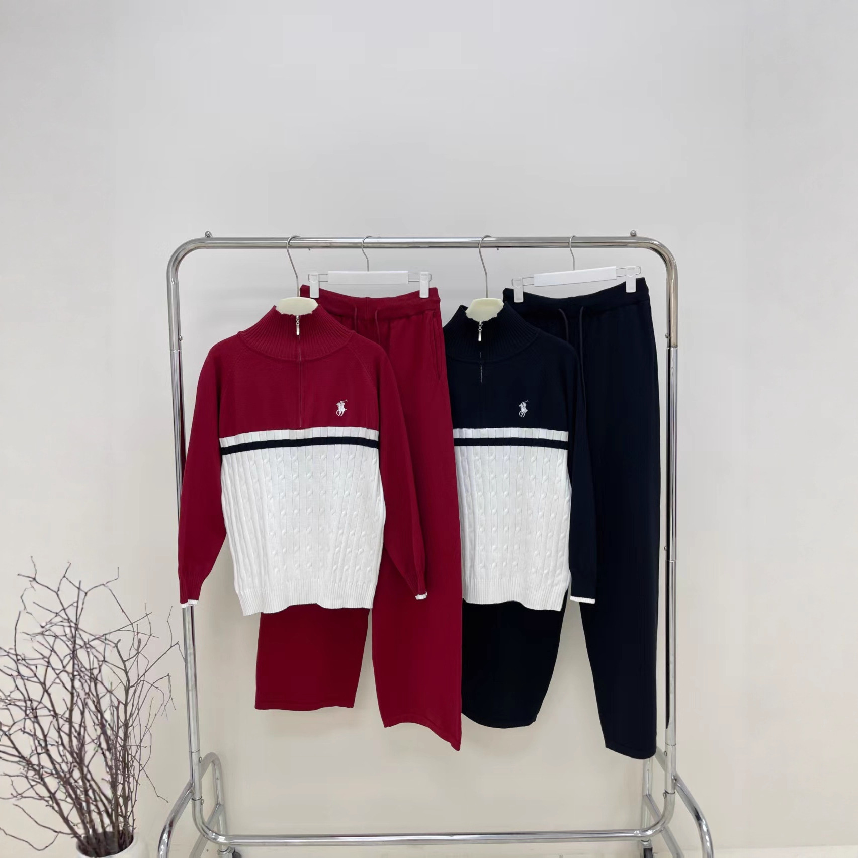 Foreign trade women's 2025 autumn and winter long sleeved knitted stand up collar sweater wide leg pants two-piece loose set with spliced zipper