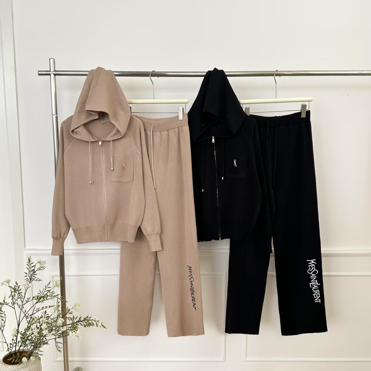 Cross border autumn and winter new knitted suit women's casual fashion zipper sweatshirt jacket elastic wide leg pants two-piece set