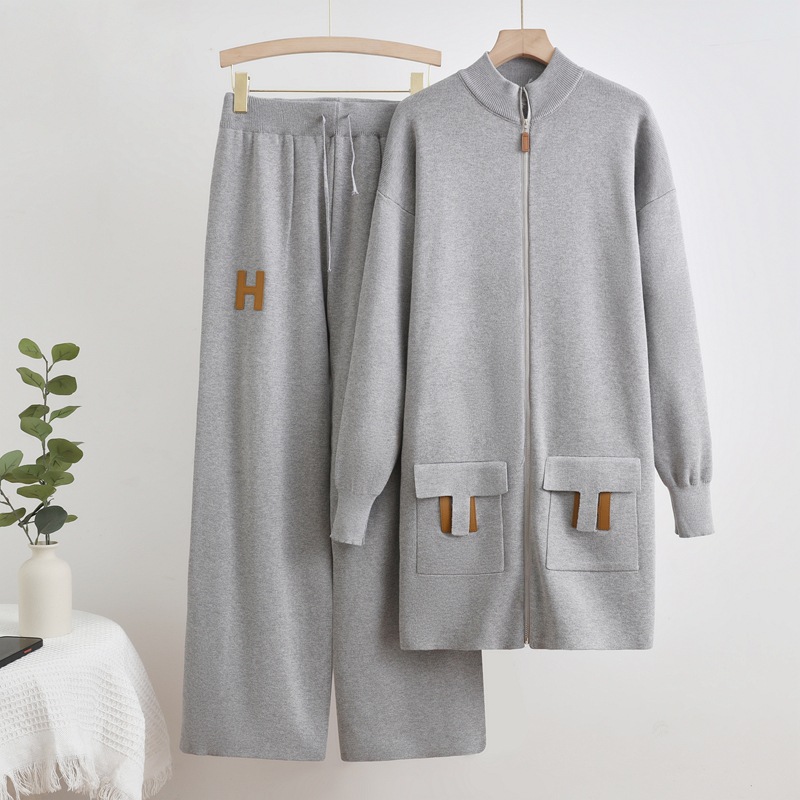 Cross border European and American solid color woolen suit loose knit zipper pocket sweater top+drawstring loose wide leg pants Cross border European and American solid color woolen suit loose knit zipper pocket sweater top+drawstring loose wide leg pants
