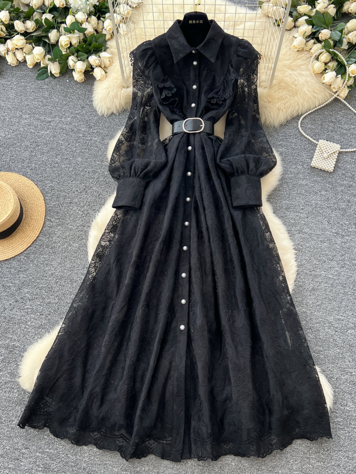 Light luxury socialite style, high-end Polo collar dress, women's spring mesh embroidery, niche design, fairy chic long skirt Light luxury socialite style, high-end Polo collar dress, women's spring mesh embroidery, niche design, fairy chic long skirt