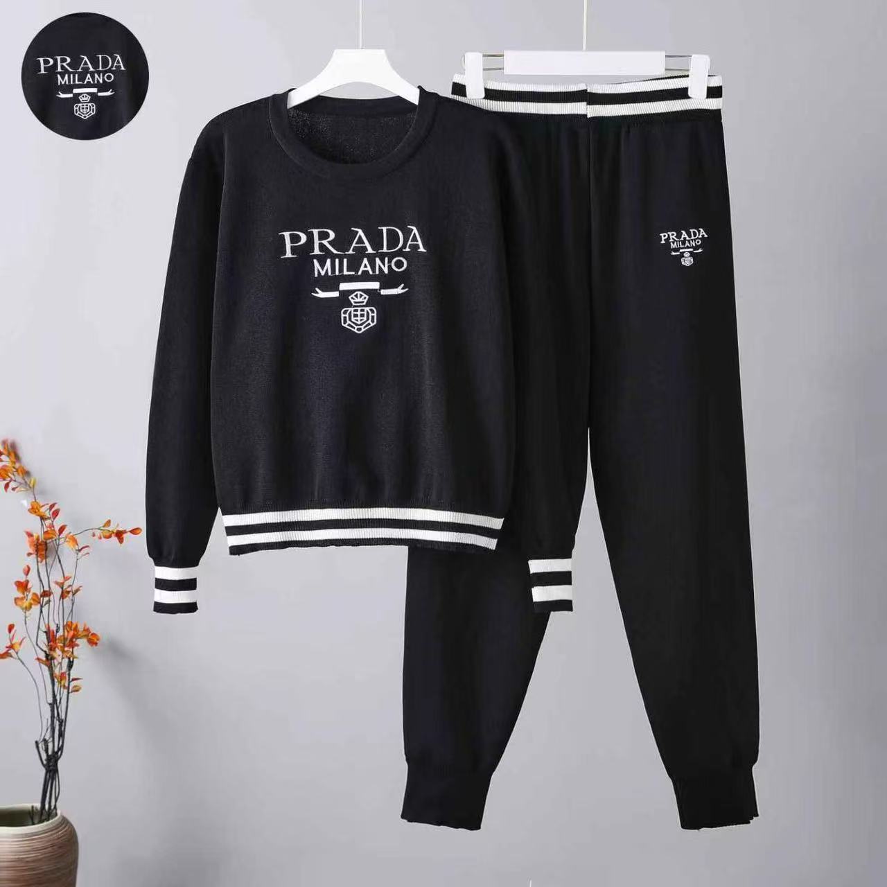 Cross border European and American trendy personalized heavy industry letter printing color blocked round neck top autumn and winter ankle pants knitted two-piece set Cross border European and American trendy personalized heavy industry letter printing color blocked round neck top autumn and winter ankle pants knitted two-piece set