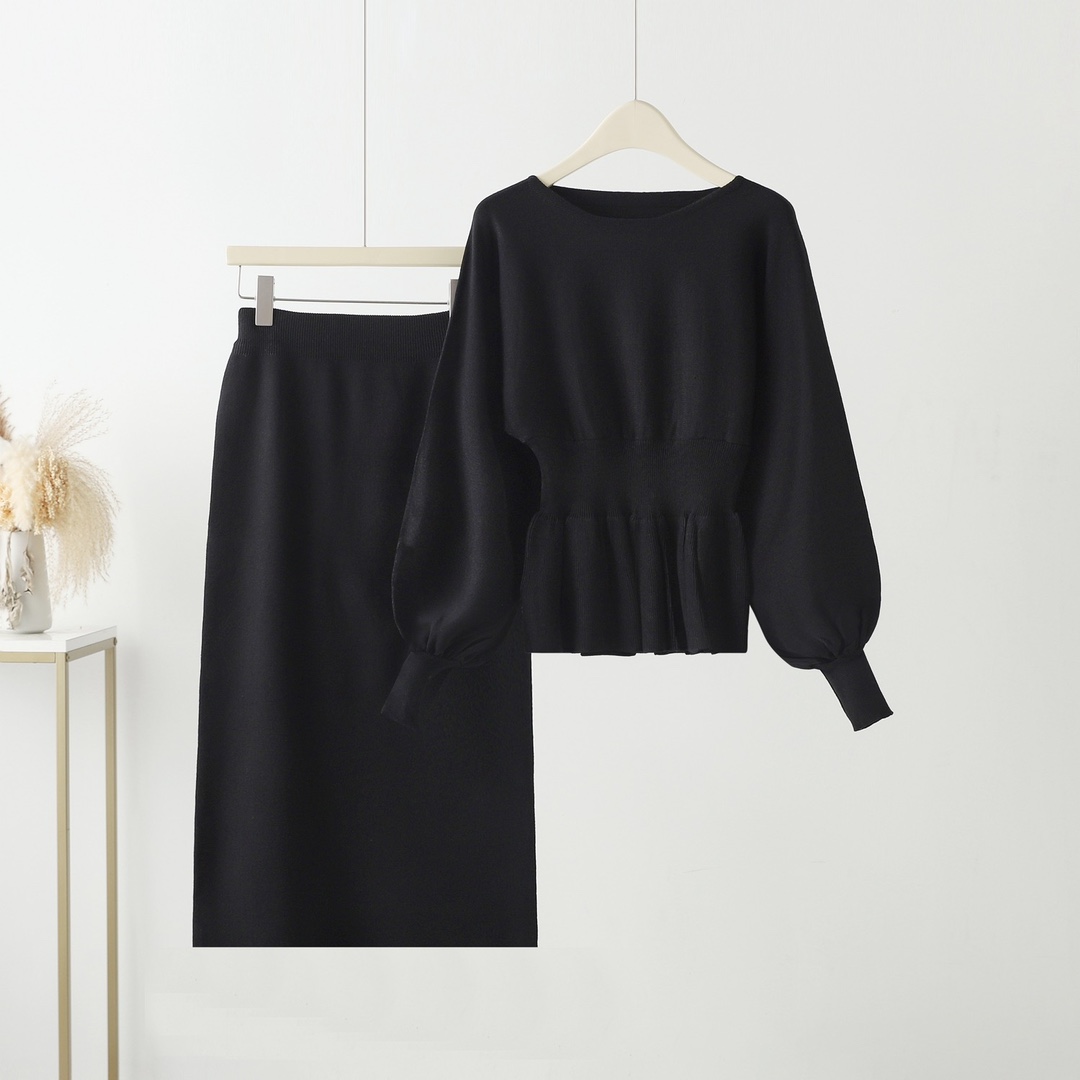 Fashion Set for Women 2023 Spring and Autumn Vintage Bag Hip, Waist, and Slimming Knitted Dress Two Piece Set Round Neck Solid Color Fashion Set for Women 2023 Spring and Autumn Vintage Bag Hip, Waist, and Slimming Knitted Dress Two Piece Set Round Neck Solid Color