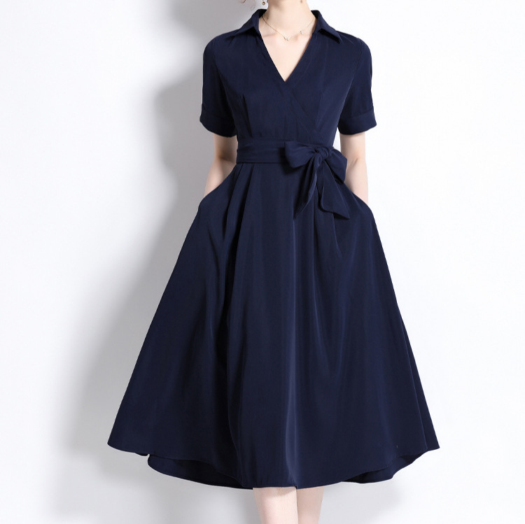 French style light mature style high-end lapel short sleeved mid length dress with temperament and straps, solid color waist cinching, ladies' slimming women's clothing