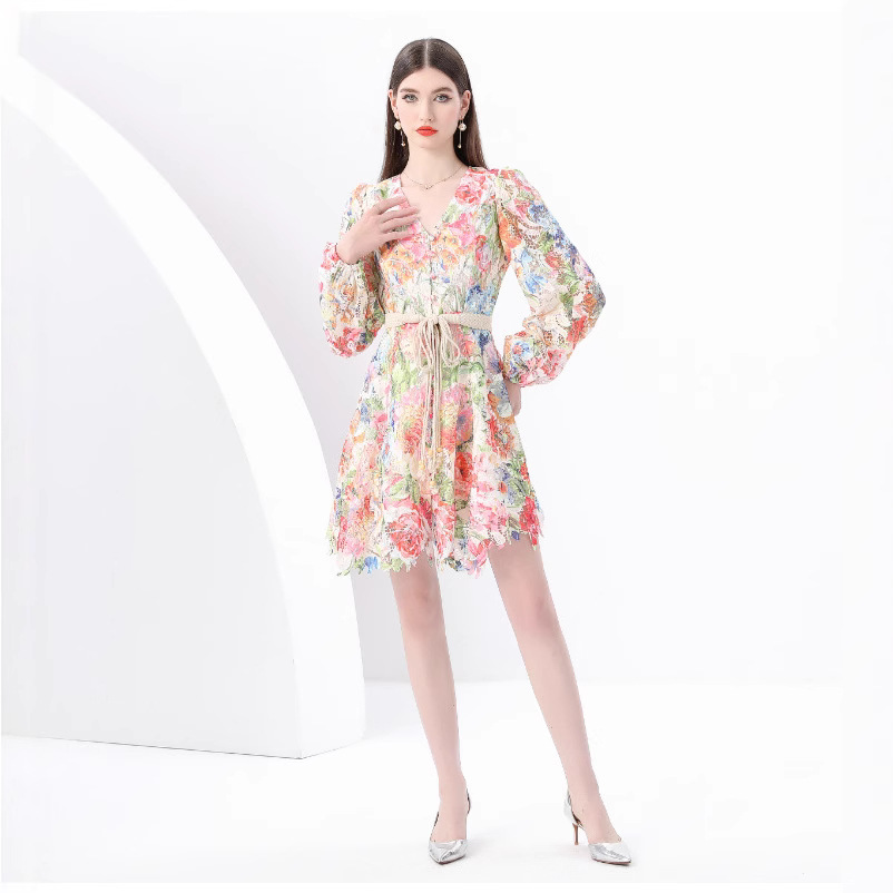 2025 New Skirt Spring French Retro V-neck Lantern Sleeve Waist Hollow Hook Flower Lace Cardigan Dress
