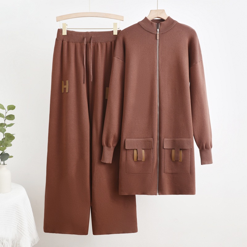 Cross border European and American solid color woolen suit loose knit zipper pocket sweater top+drawstring loose wide leg pants Cross border European and American solid color woolen suit loose knit zipper pocket sweater top+drawstring loose wide leg pants