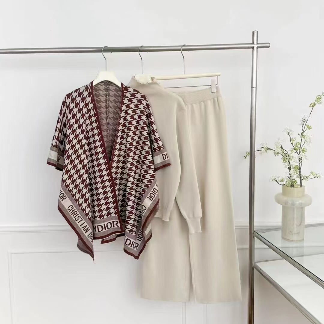 Cross border 25 year casual European and American suit autumn and winter fashion long sleeved two-piece set knitted sweater high waist wide leg pants three pieces Cross border 25 year casual European and American suit autumn and winter fashion long sleeved two-piece set knitted sweater high waist wide leg pants three pieces