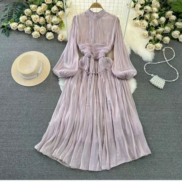 New Korean version lantern long sleeved stand up collar slimming pleated A-line sequin dress beach vacation long skirt