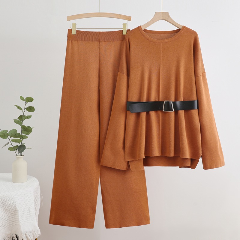 Cross border foreign trade solid color set temperament round neck pullover belt top loose high waist wide leg pants fashionable two-piece set Cross border foreign trade solid color set temperament round neck pullover belt top loose high waist wide leg pants fashionable two-piece set