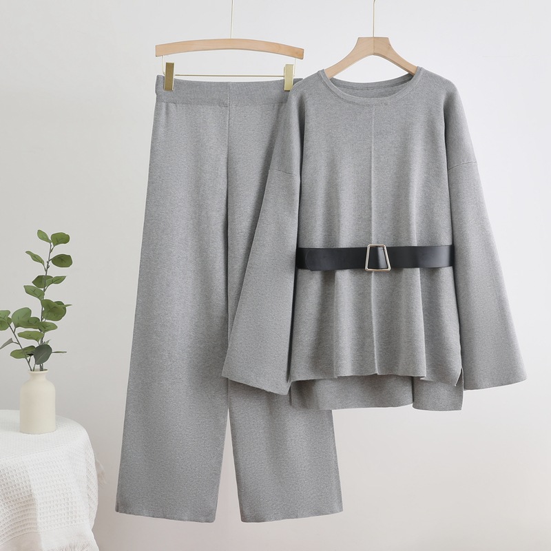 Cross border foreign trade solid color set temperament round neck pullover belt top loose high waist wide leg pants fashionable two-piece set Cross border foreign trade solid color set temperament round neck pullover belt top loose high waist wide leg pants fashionable two-piece set
