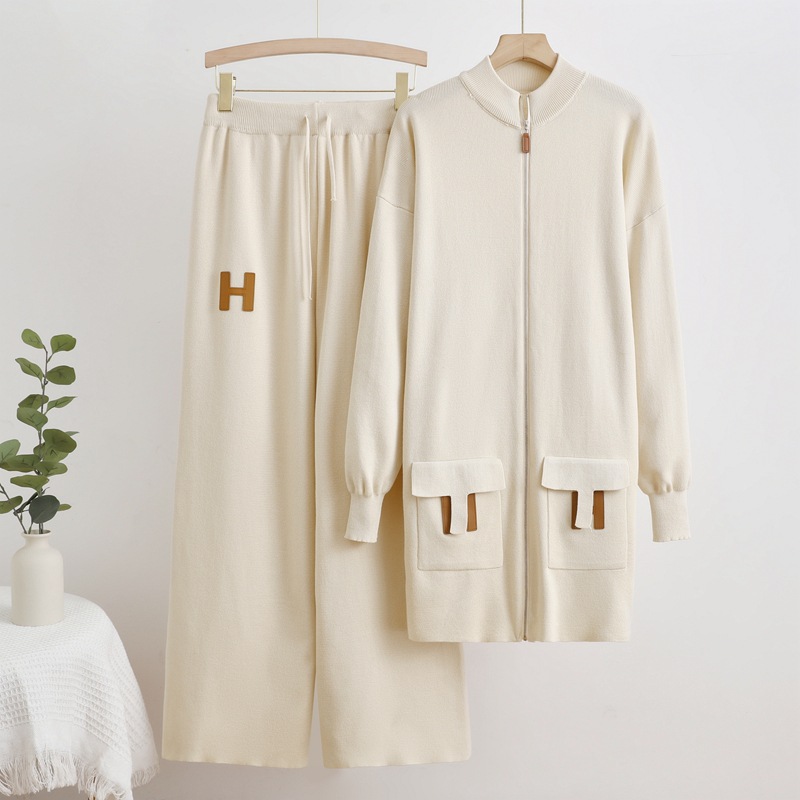Cross border European and American solid color woolen suit loose knit zipper pocket sweater top+drawstring loose wide leg pants Cross border European and American solid color woolen suit loose knit zipper pocket sweater top+drawstring loose wide leg pants