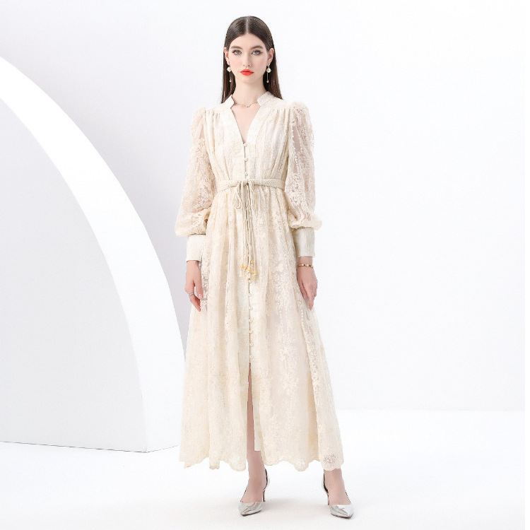 French high-end women's dress for spring 2025 with waist cinching, heavy embroidery, V-neck lantern sleeves, single breasted long skirt