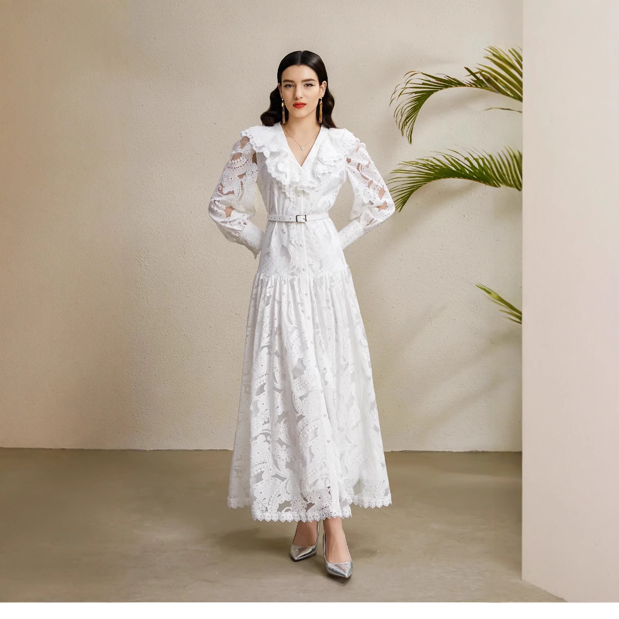 Light luxury French style lantern sleeve dress for women in autumn, with mesh hollow out hook flower and ruffle edge design, and a waist cinching long skirt