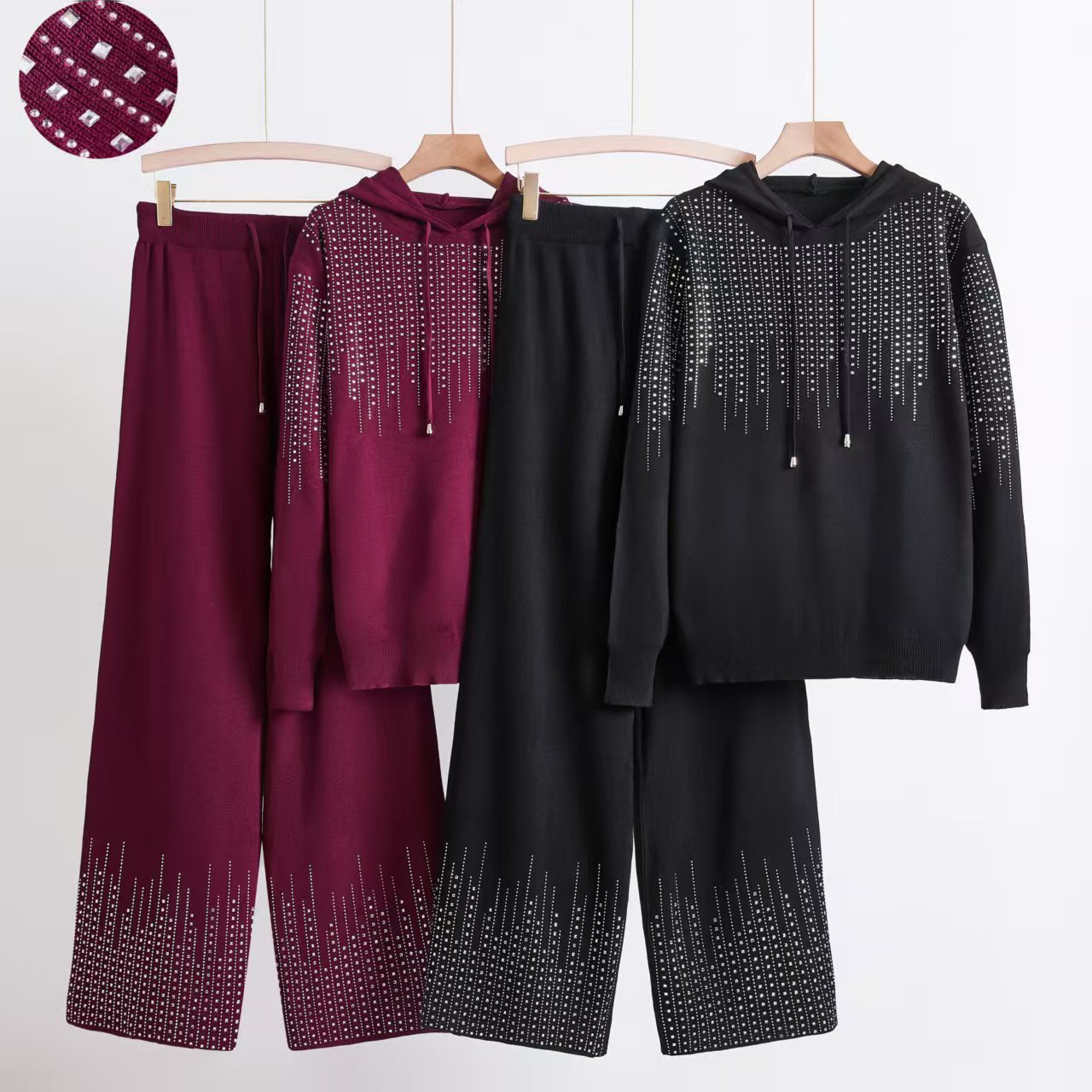 European and American cross-border niche personality hot stamping diamond hooded sweatshirt jacket straight leg wide leg pants versatile knitted two-piece set
