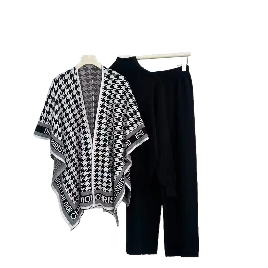 Cross border 25 year casual European and American suit autumn and winter fashion long sleeved two-piece set knitted sweater high waist wide leg pants three pieces Cross border 25 year casual European and American suit autumn and winter fashion long sleeved two-piece set knitted sweater high waist wide leg pants three pieces