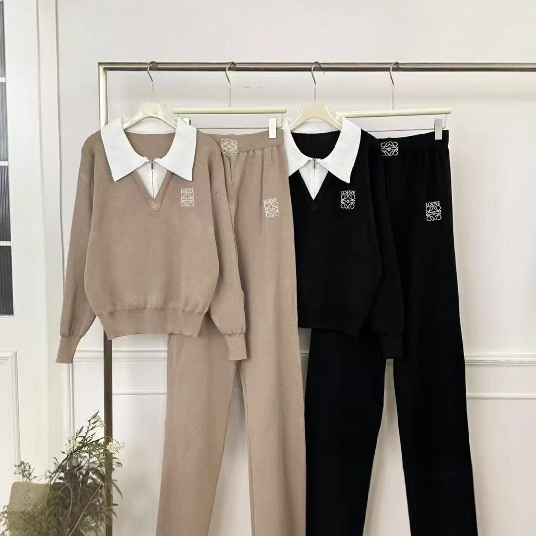 Cross border autumn and winter college vacation two-piece color blocking and contrasting collar knitted pullover top, wide leg pants casual suit for women Cross border autumn and winter college vacation two-piece color blocking and contrasting collar knitted pullover top, wide leg pants casual suit for women