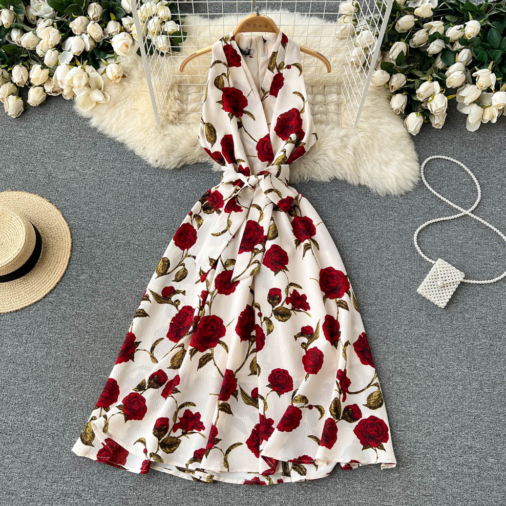Vintage printed dress 2022 new goddess style temperament V-neck lace up waist slimming mid length dress