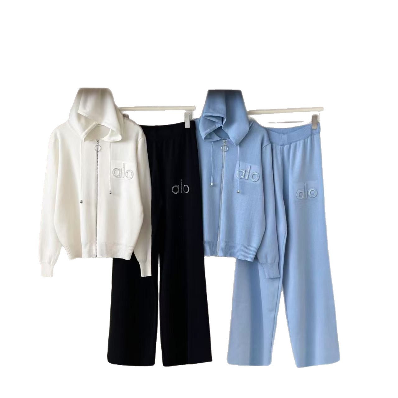 Cross border 2025 autumn/winter hooded cardigan zipper jacket loose knit wide leg pants two-piece set for women Cross border 2025 autumn/winter hooded cardigan zipper jacket loose knit wide leg pants two-piece set for women