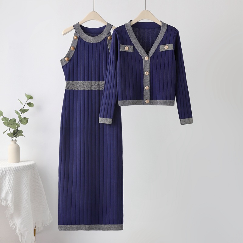 French style socialite high waisted fashionable two-piece woolen dress set, 2024 spring new knitwear vest dress