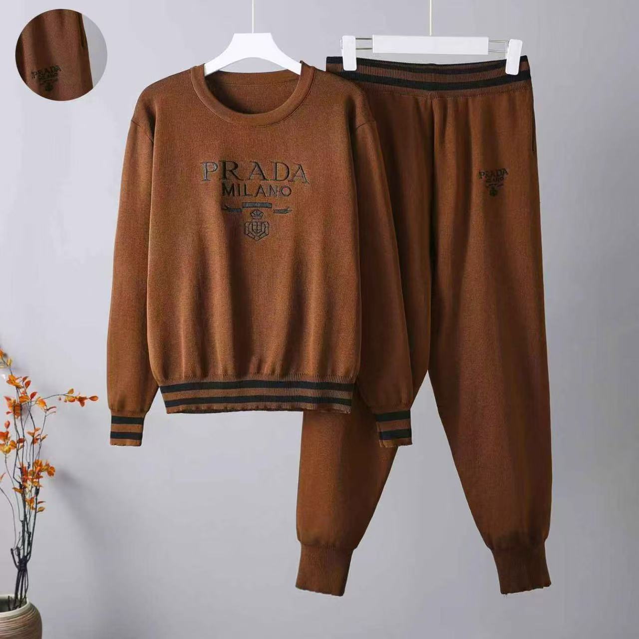 Cross border European and American trendy personalized heavy industry letter printing color blocked round neck top autumn and winter ankle pants knitted two-piece set