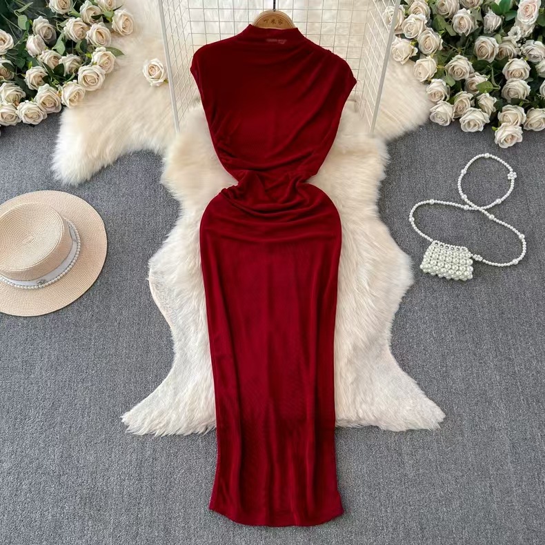 European and American princess dress with a goddess like temperament, heart mechanism, pleated waist, slimming effect, mid length skirt, hip hugging skirt, European and American long skirt