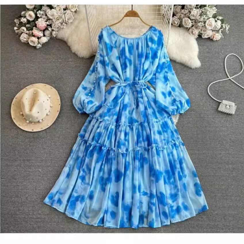 Spring new gentle style temperament long sleeved round neck waist slimming print chiffon large swing medium long dress for women