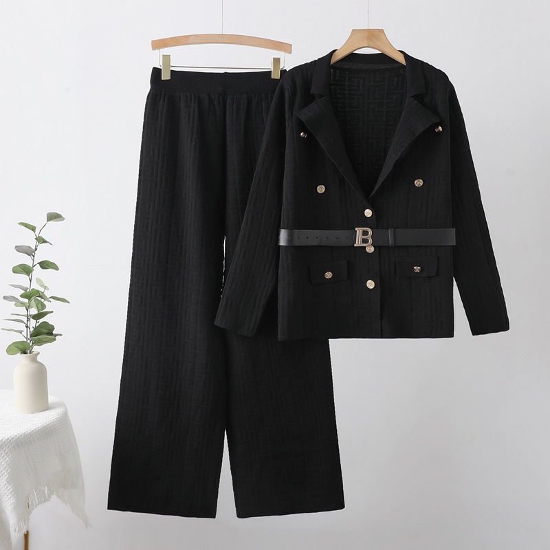 Cross border new comfortable women's clothing maze jacquard pattern B-shaped breasted lapel, waist cinched knit long sleeved pants set Cross border new comfortable women's clothing maze jacquard pattern B-shaped breasted lapel, waist cinched knit long sleeved pants set