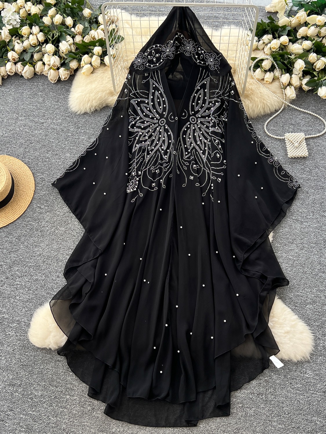 European and American fashion heavy industry nail bead hooded shawl jacket women's summer loose irregular thin cape mesh hood shirt European and American fashion heavy industry nail bead hooded shawl jacket women's summer loose irregular thin cape mesh hood shirt