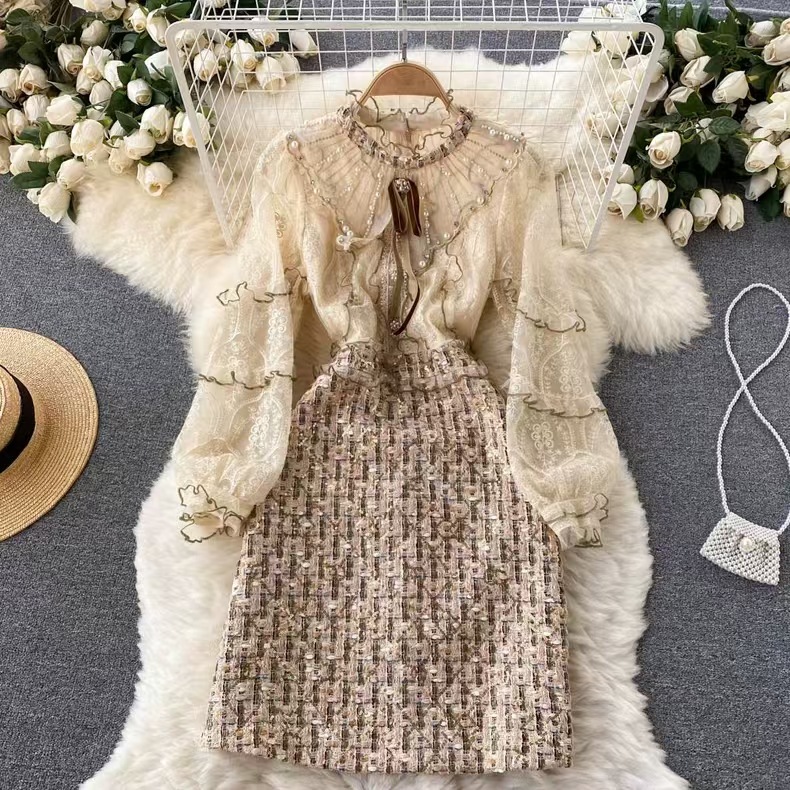 High end light luxury women's clothing French retro small fragrant style dress, socialite temperament heavy industry nail bead unique design feeling skirt