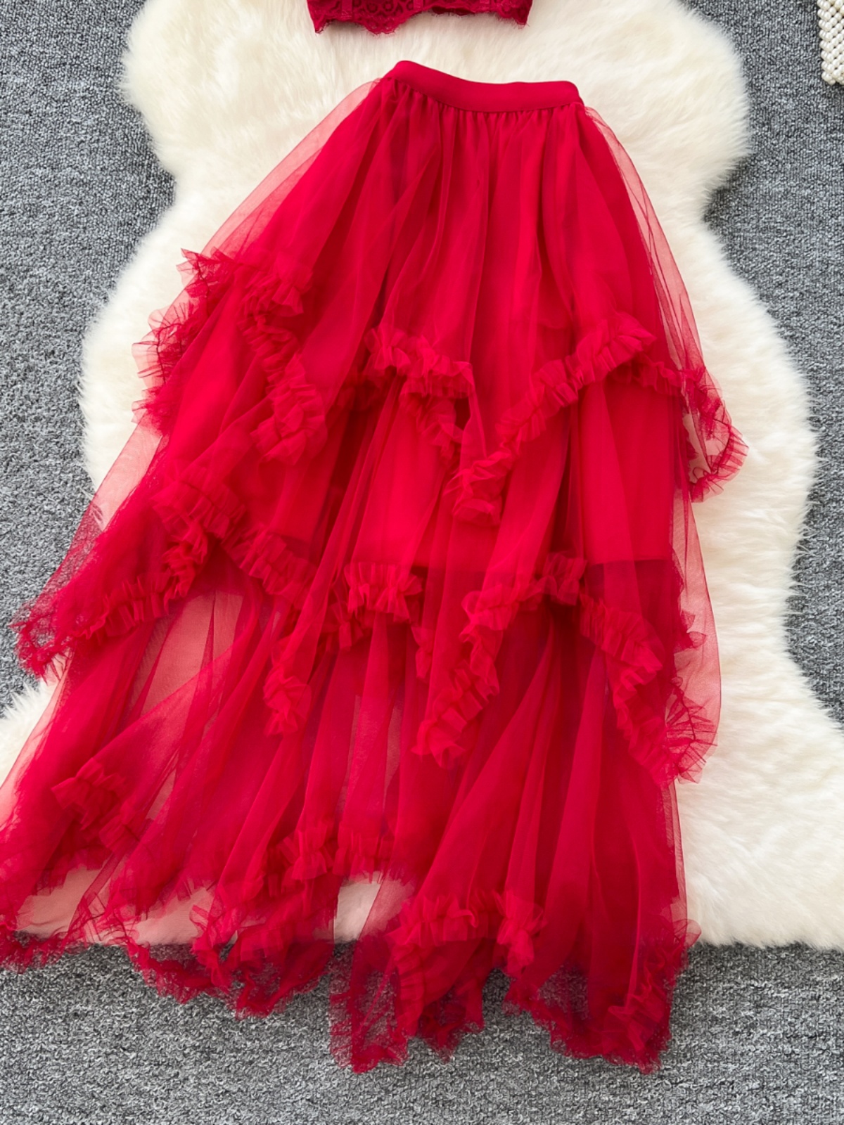 Atmosphere fairy suit dress 2024 new sexy lace camisole top high waist irregular mesh skirt Atmosphere fairy suit dress 2024 new sexy lace camisole top high waist irregular mesh skirt