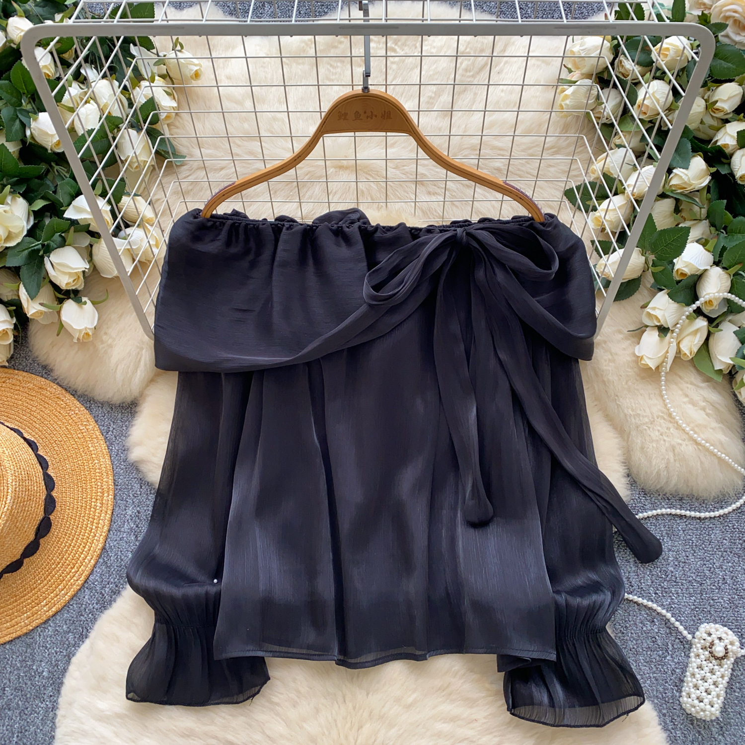 Gentle and elegant one shoulder lace up ruffle edge long sleeved shirt for women in autumn, versatile and stylish pearl mesh top Gentle and elegant one shoulder lace up ruffle edge long sleeved shirt for women in autumn, versatile and stylish pearl mesh top