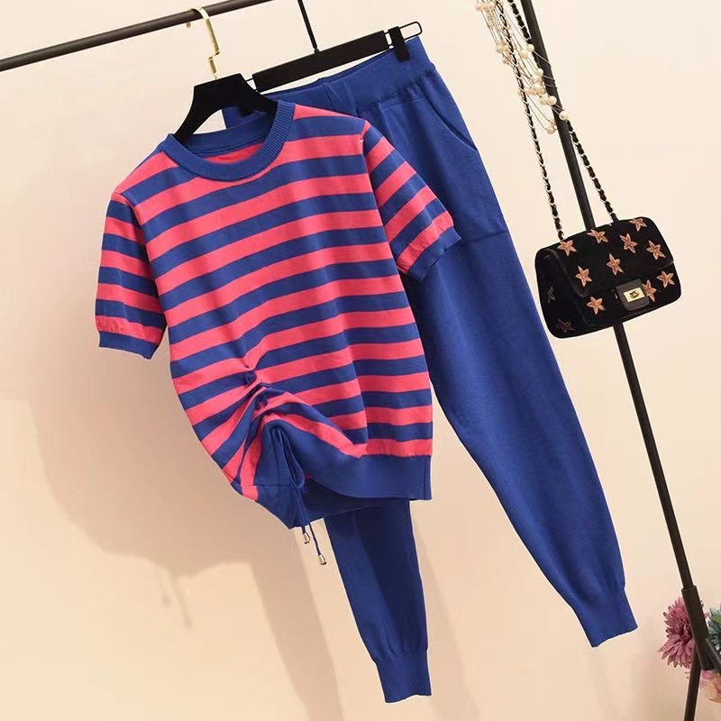 2024 Summer New Set Women's Knitted Casual Fashion Western Style Striped Splicing Drawstring Short Sleeve Knitted Pants 2024 Summer New Set Women's Knitted Casual Fashion Western Style Striped Splicing Drawstring Short Sleeve Knitted Pants