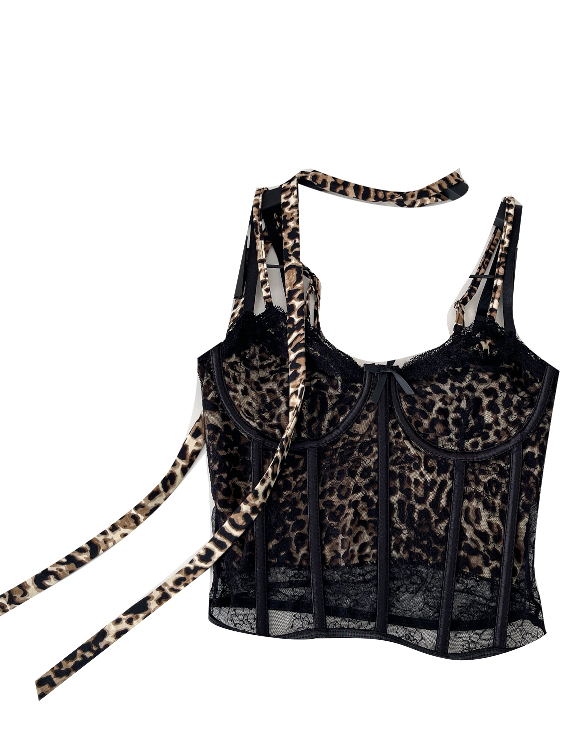 European and American spicy girl style leopard print suspender strapless women's summer mesh fishbone design street pure desire to wear outerwear base top European and American spicy girl style leopard print suspender strapless women's summer mesh fishbone design street pure desire to wear outerwear base top