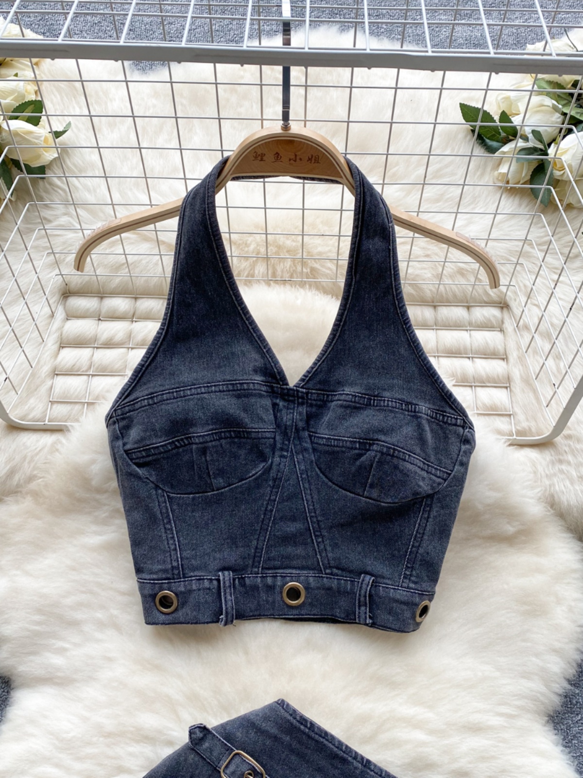 Dopamine Cool and Spicy Denim Set, Women's Summer Retro Design, Hanging Neck Strap Tank Top+High Waist Hip hugging Short Skirt Dopamine Cool and Spicy Denim Set, Women's Summer Retro Design, Hanging Neck Strap Tank Top+High Waist Hip hugging Short Skirt