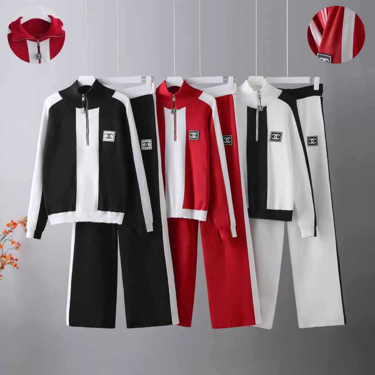 Cross border 2025 early spring new sports and leisure half zipper long sleeved contrasting knitted jacket+two wide leg pants