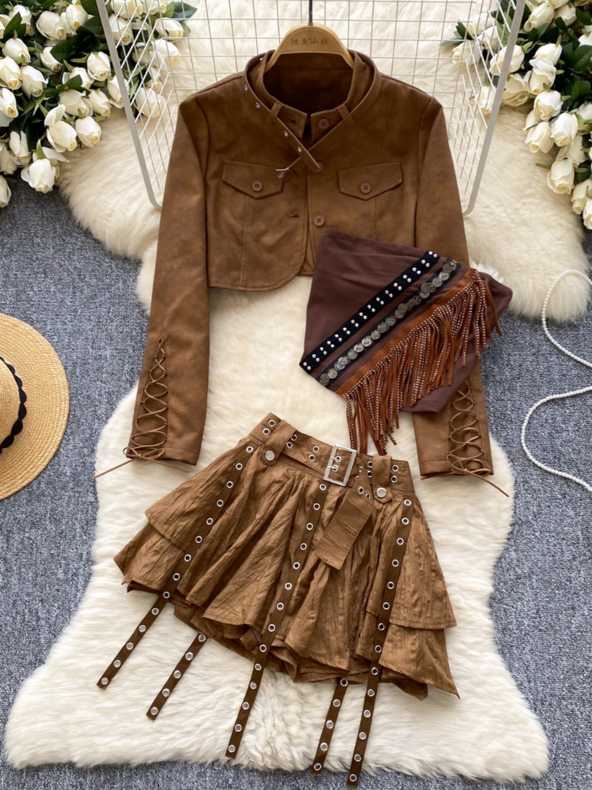Holiday outfit for women, retro interior, tassel strapless vest, ribbon irregular skirt+long sleeved short jacket