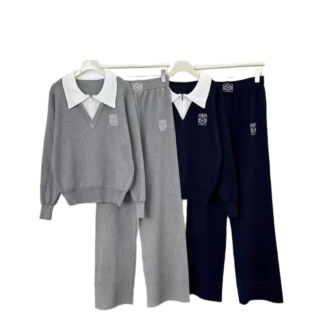 Cross border autumn and winter college vacation two-piece color blocking and contrasting collar knitted pullover top, wide leg pants casual suit for women Cross border autumn and winter college vacation two-piece color blocking and contrasting collar knitted pullover top, wide leg pants casual suit for women