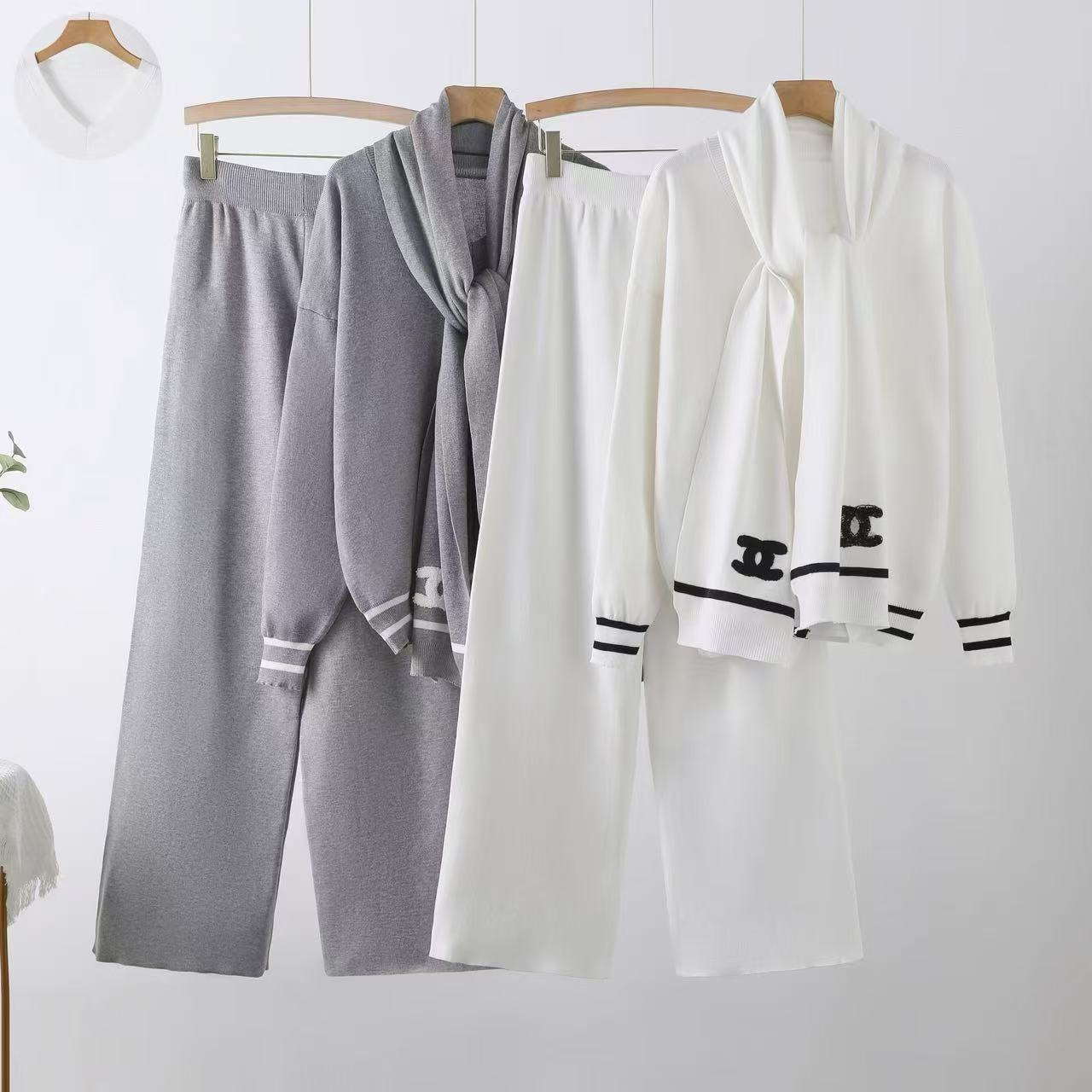 Foreign trade socialite light luxury knitted suit women's new style temperament knitted shawl top wide leg pants lazy style two-piece set