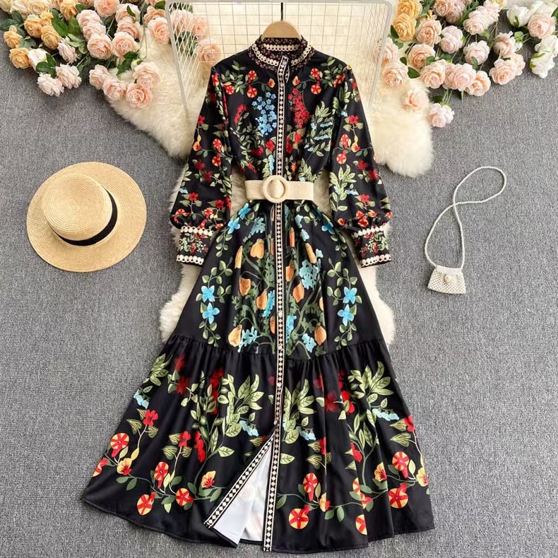 European and American retro court style dress with waist cinching straps, round neck long sleeved ruffle edge, Western style forest fairy A-line skirt