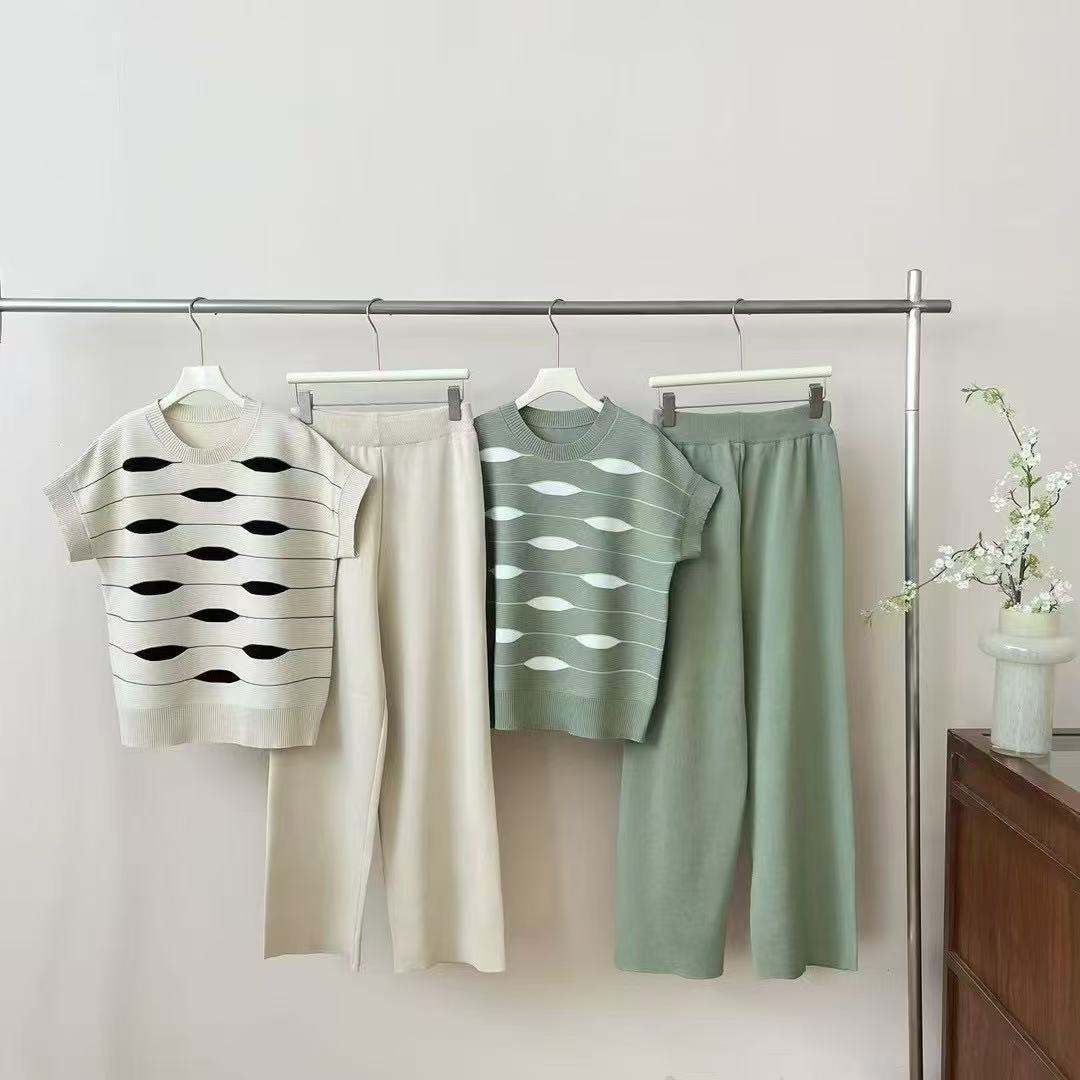 Fashion suit women's 2025 spring new striped knitted sweater top+high waist wide leg pants casual two-piece set trendy