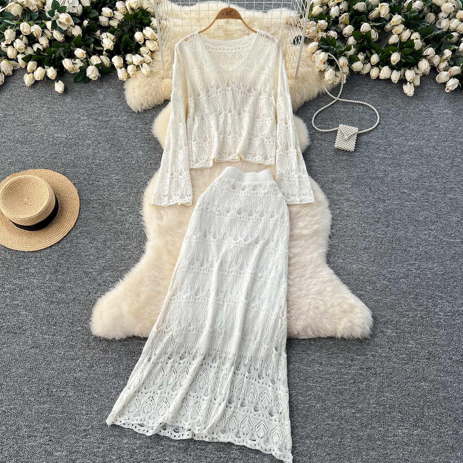 Two piece temperament set for women, gentle and versatile with flared sleeves and hollowed out crochet knit top+high waist slimming skirt Two piece temperament set for women, gentle and versatile with flared sleeves and hollowed out crochet knit top+high waist slimming skirt