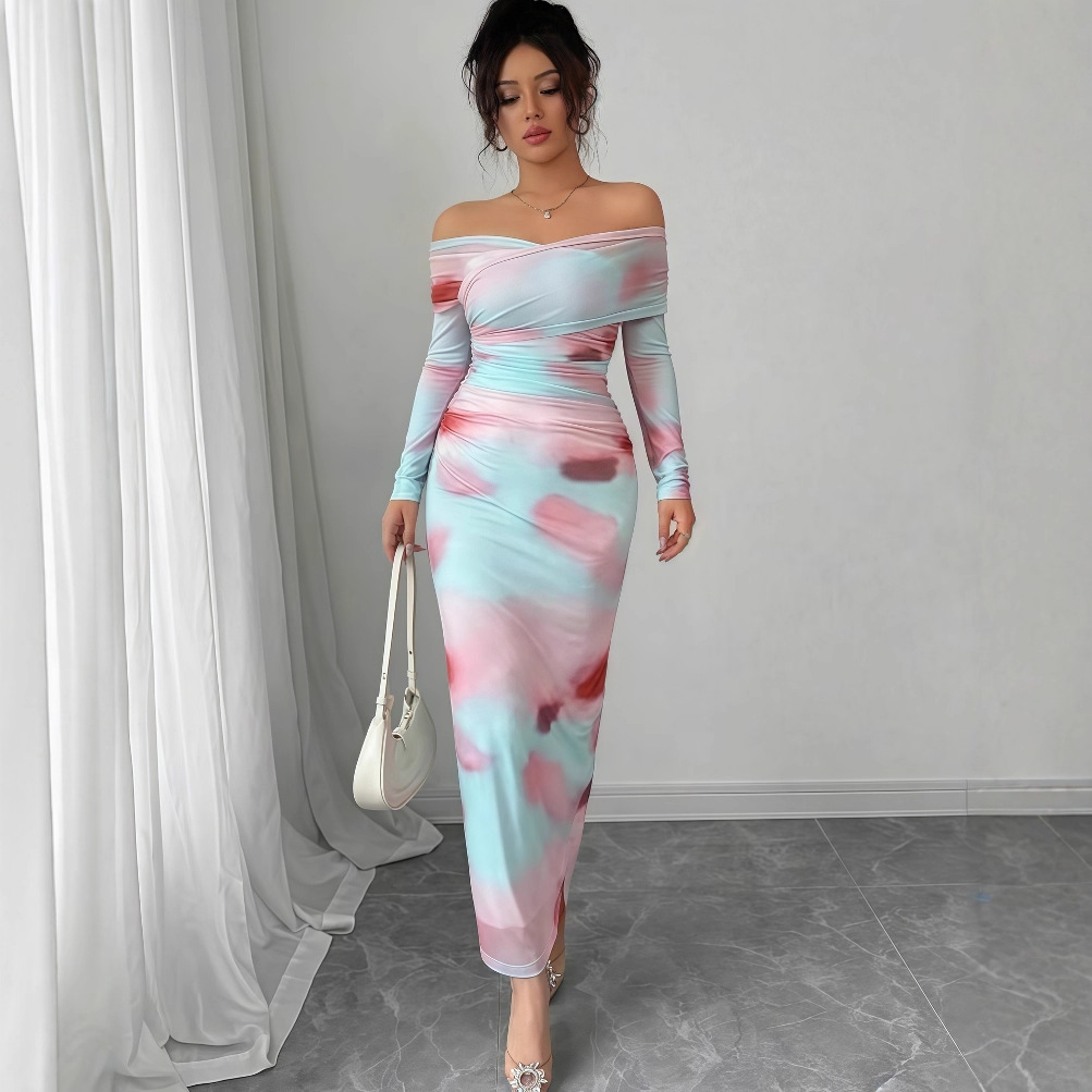 European and American cross-border women's clothing 2025 early autumn new long sleeved printed strapless off shoulder slim fit temperament long dress