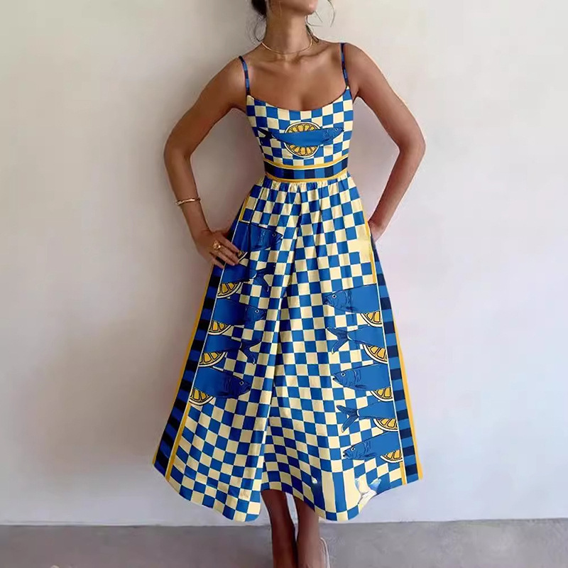 Amazon 2025 Spring New Cross border European and American Women's Fashion Printed Folded Waist Swing Strap Dress Amazon 2025 Spring New Cross border European and American Women's Fashion Printed Folded Waist Swing Strap Dress