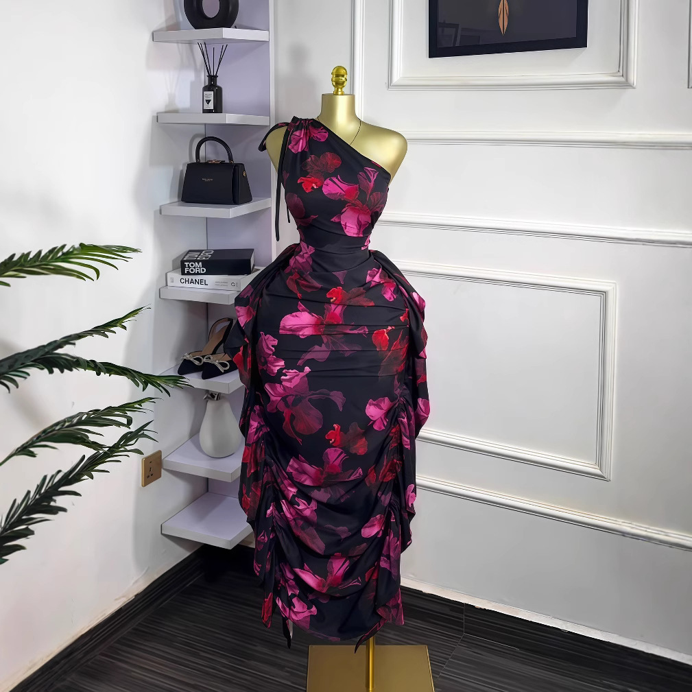 European and American Cross border Women's 2025 Summer New Sleeveless Single Shoulder Slant Neck Printed Lace up Lotus Leaf Edge Tight Dress