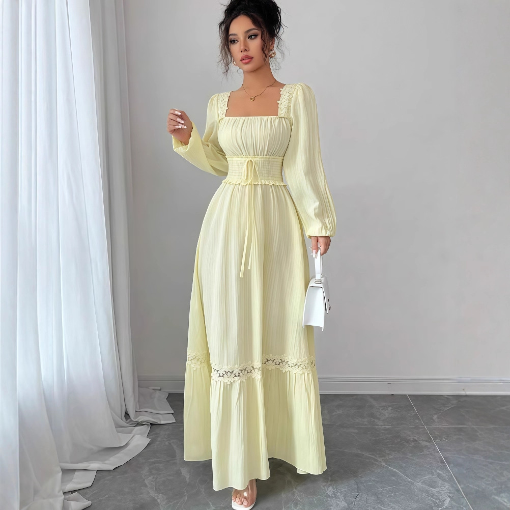 European and American Cross border Women's Wear 2025 Early Autumn New Solid Color Long Sleeve U-neck Lace Splicing Waist Long Dress